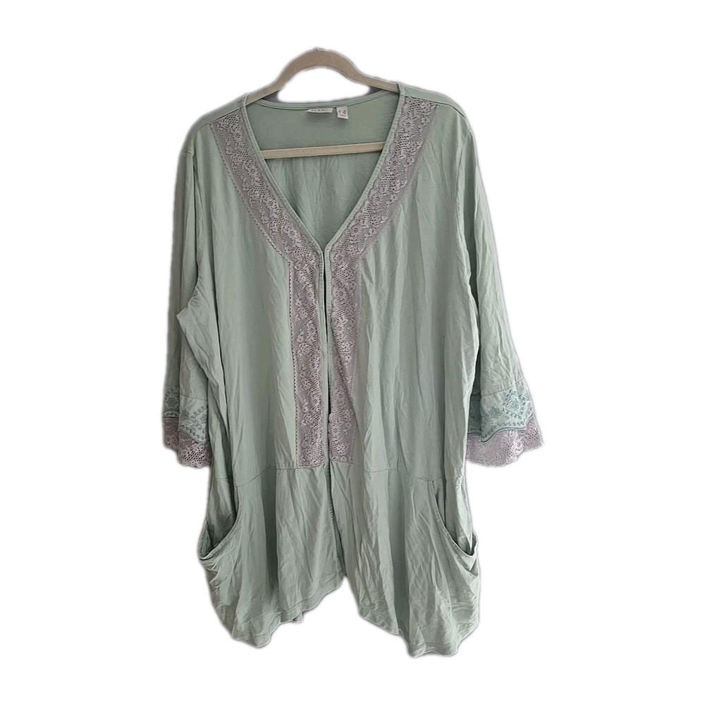 LOGO Lori Goldstein Sage Green Lace Trim Boho Lagenlook Cardigan Top 3X